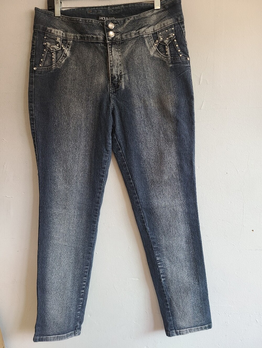 Women's 16 (34" waist) Jack David jeans slim straight dark distressed gem accent
